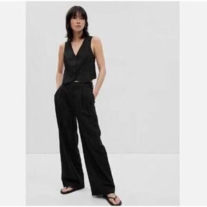 GAP Women Pleated Linen Blend Wide Leg Minimalist Tailored Pants Black W's Sz. 4